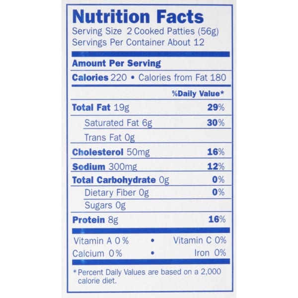 Purnell's Sage Sausage Patties Nutrition